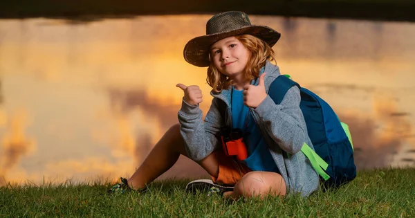 Child Binoculars Travelling Outdoors Boy Traveler Backpack Summer Day Portrait — Stock Photo, Image