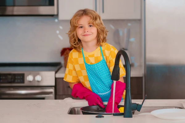Portrait Child Cleaning Kithen Home Concept Growth Development Family Relationships — Stock Photo, Image