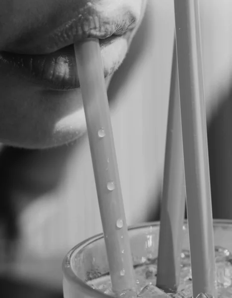 Closeup Womans Lips Drinking Straw Stock Photo 152961200