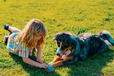 Parkta evcil köpeği olan küçük bir çocuk.