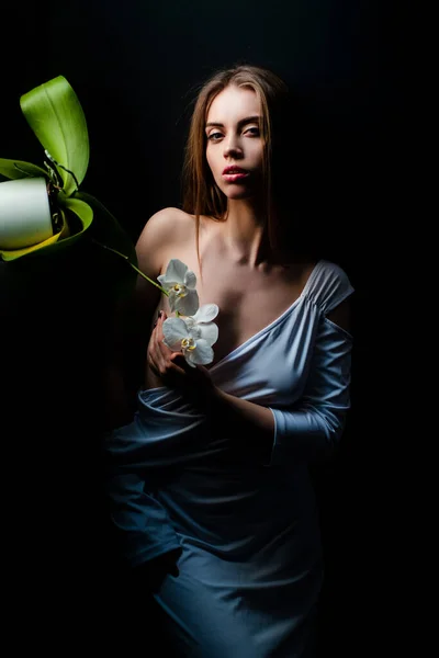Seductive Woman Face Sensual Young Woman Posing Orchid Flower Sexy — Stock Photo, Image