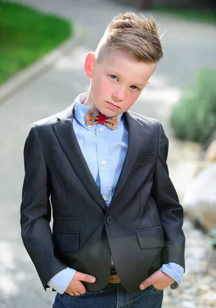 Fashion Kid Boy Suit Bow Tie Lifestyle Portrait Funny Kid — Stock Photo, Image