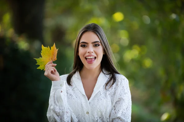 黄色枫叶的快乐女子的秋天肖像 美丽姑娘的画像 树叶上有秋天的叶子 秋叶附近一个漂亮姑娘的近照 浪漫柔情的女人 — 图库照片