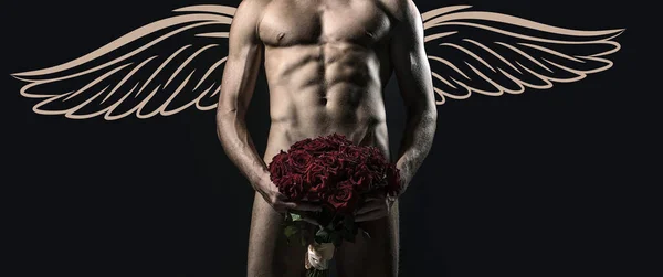 照片横幅性感男人天使与翅膀情人节 性感的男模身材 赤身裸体 性感的裸体男人 诱人的同性恋 肉眼赤裸的男人 迷人的男人 健美男子 健美模特 — 图库照片