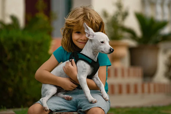 Kid Boy Hug Puppy Child Dog Kid Puppy Doggy Lover — Stock Photo, Image