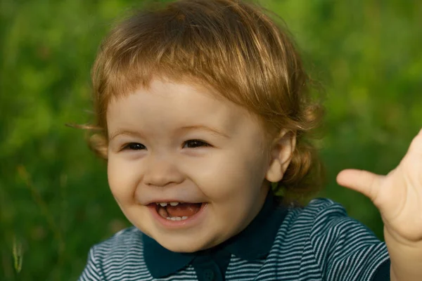 Portrait Cute Excited Boy Having Fun Garden Baby Face Close — Stock Photo, Image