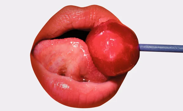 Close Lips Lollipop Isolated Sexy Blowjob Sensual Mouth Lipstick Eats — Fotografia de Stock