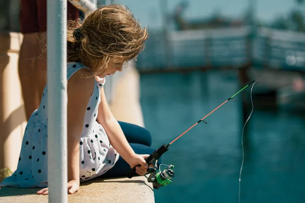 Focused Serious Little Children Girl Catch Fish Fishing Rod — Stock Photo, Image