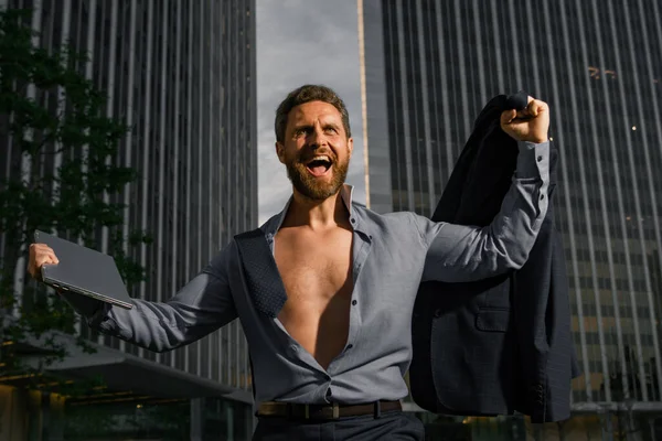 Excited Business Man Model Unbuttoned Shirt Outdoor — Stock Photo, Image