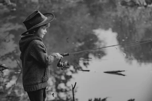 Portrait Cute Kid Little Boy Fishing — Stock Photo, Image