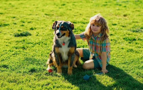 Cute Child Puppy Dog Outdoor Summer Boy Plays Dog Park — Fotografia de Stock