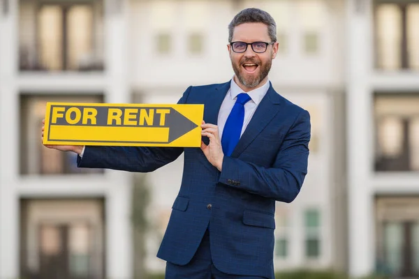 Rental House Real Estate Agent Hold House Rent Sign Real — Stock Photo, Image