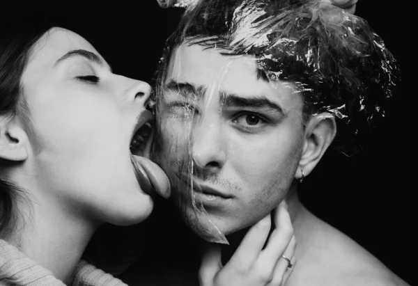 Couple Kissing Transparent Plastic Girl Sexy Tongue Lick Guy Safe — Φωτογραφία Αρχείου