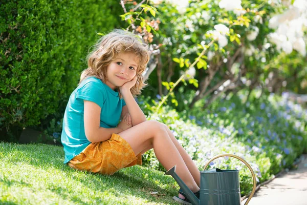 Cute Kid Boy Watering Plants Roses Watering Can Garden Child — Stock Photo, Image
