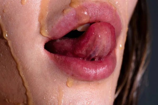 Honey Sweet Sexy Lips Sweet Taste Female Mouth Lips Honey — Stock Photo, Image