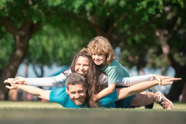 Mother Father Child Son Hugging Embracing Outdoors Summer Park Fly — Stock Photo, Image