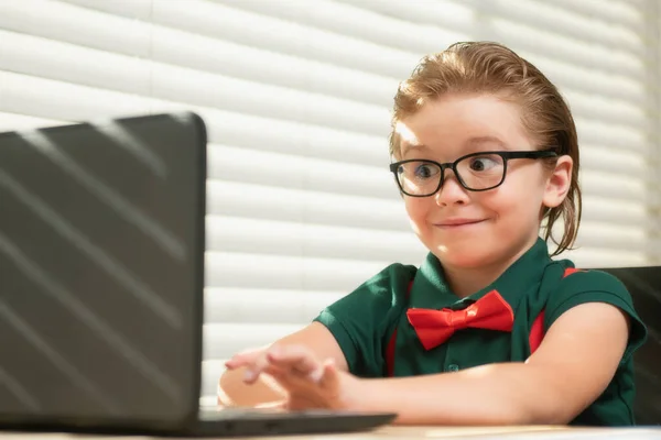 家庭でオンラインレッスンの間に宿題の数学を勉強している少年 ビデオ通話教師との人形研究 — ストック写真