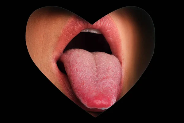 Língua Dos Namorados Boca Beleza Lábios Com Forma Coração Espaço — Fotografia de Stock