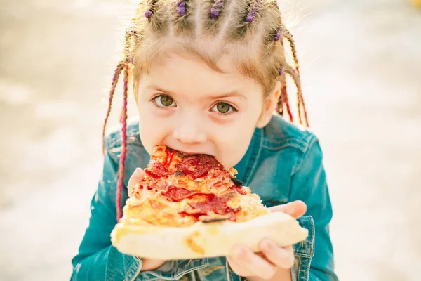 Kid Eat Pizza Child Eating Pizza Fastfood Kids Italian Junkfood — Stock Photo, Image