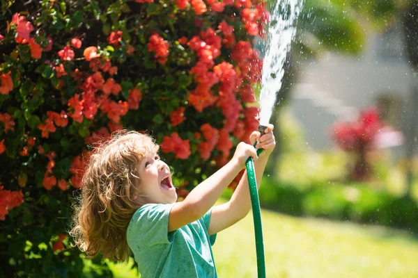 子供は楽しんでる 面白い男の子の自然の風景に笑みを浮かべて幸せ 小さな子供は新鮮な空気を楽しんでいます 面白いことは私の最大の強みの一つです 夏の晴れた日に自宅で庭の植物に水をやる — ストック写真