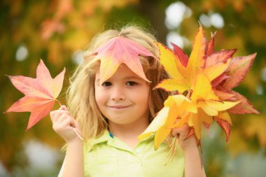 Kids play in autumn park. Children throwing yellow leaves. Child boy with oak and maple leaf outdoor. Fall foliage. Toddler or preschooler in fall autumn nature
