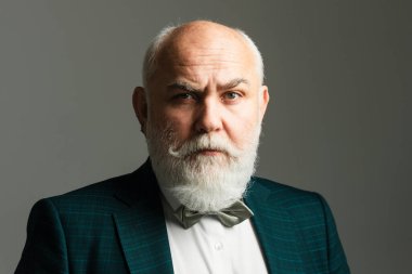 Kıdemli Takım Elbiseli Adam. Sakallı, orta yaşlı bir adamın portresi gri stüdyo arka planında fotokopi alanı olan bir adamın.