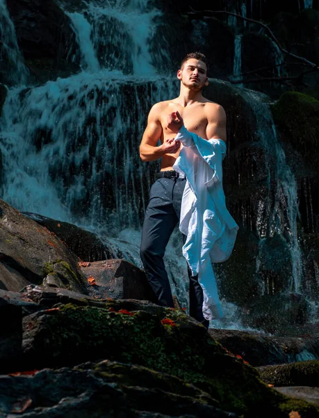 Man Undressing Waterfall Ready Swim Business Trip Summer Vacation Traveling — Stock Photo, Image