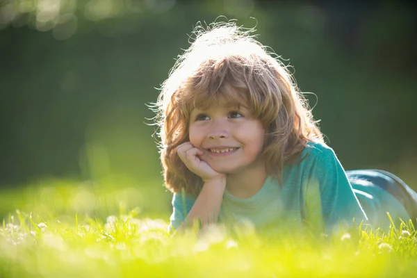 Портрет Маленького Хлопчика Лежить Траві Літньому Природному Парку — стокове фото