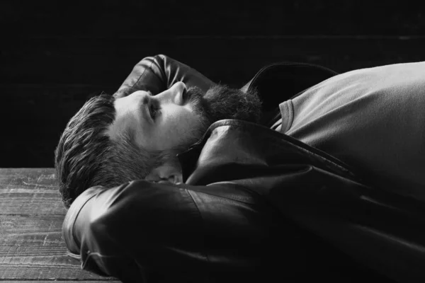 Confident Attractive Man Serious Face Bearded Guy Relaxing Dreaming — Stockfoto