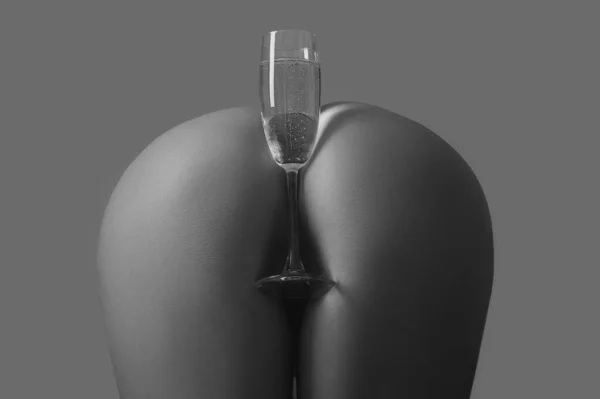 Sexy Buttocks Champagne Glass Close Big Sexy Womans Butt Champagne — Stock Photo, Image