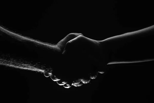 Handshake Two Partners Agreement Male Hands Rescue Friendly Handshake Friends — Stock Photo, Image