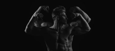 Two sexy man naked body, bare torso of group sexy man. Strong muscular man with perfect athletic body over black background