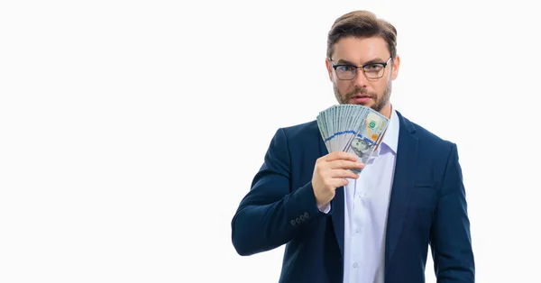 Business Man Money Banknotes Male Entrepreneur Dollar Bills Lucky Boss — Stock Photo, Image