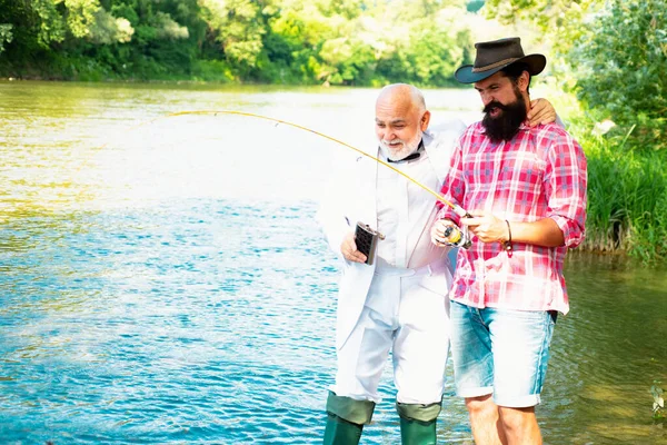Retired Dad Mature Bearded Son Happy Fly Fishing Portrait Two — Stock Photo, Image