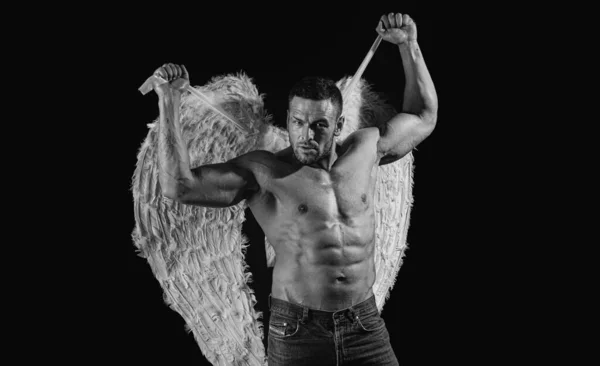 Sexy Angel Cupid Man Angels Wings Naked Muscular Body Valentines — Foto Stock