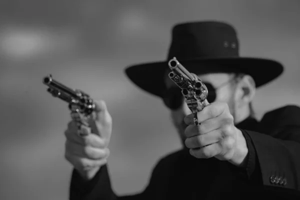 Sheriff Black Suit Cowboy Hat Shooting Gun Close Western Portrait — Fotografia de Stock