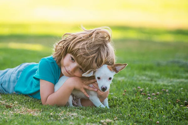 Abraça Amigos Cães Criança Com Cachorros Cachorrinho Beijando Abraçando — Fotografia de Stock
