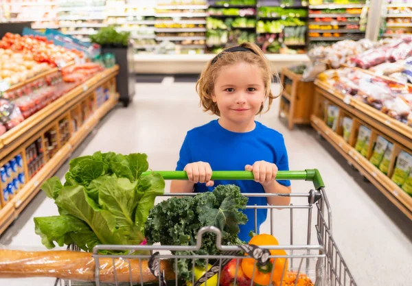 Ragazzo Con Carrello Della Spesa Supermercato Ritratto Bambino Negozio Alimentari — Foto Stock