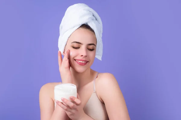 Skin Care Beauty Portrait Beautiful Woman Applying Face Cream Isolated — Fotografia de Stock