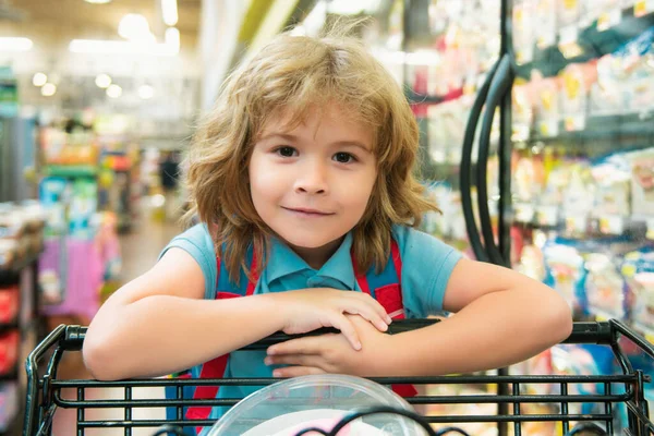 Barn Med Kundvagn Livsmedelsbutik — Stockfoto
