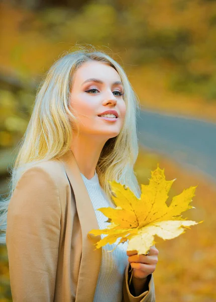 Modetrend Herbst Junge Schöne Frau Die Park Mit Blatt Spaziert — Stockfoto