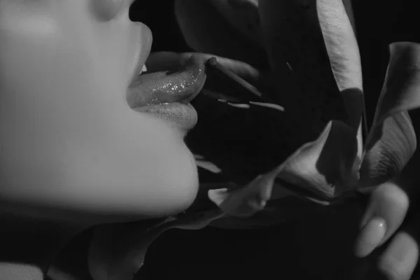Sexig Kvinna Slickar Blomma Kvinnliga Läppar Med Daglilja Orientaliska Hybrider — Stockfoto