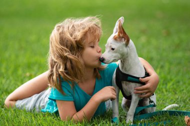 Gülümseyen ev sahibi çocuk evcil köpekle çimenlikte yatıyor. Mutlu çocuk çimenlerde köpekle oynuyor.