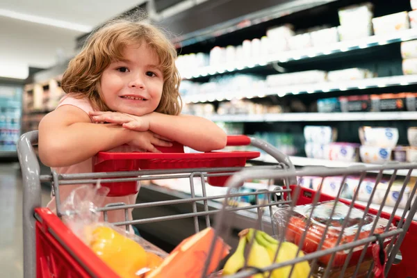Dítě Nákupním Vozíkem Obchodě Nákup Potravin — Stock fotografie