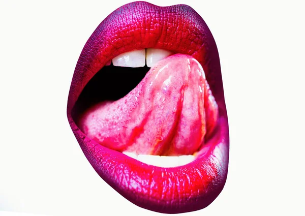 赤い唇 口と舌のアイコン 開かれた口のポスターとバナー クローズアップの女性の唇をなめる 女性セクシー口とともに舌 — ストック写真
