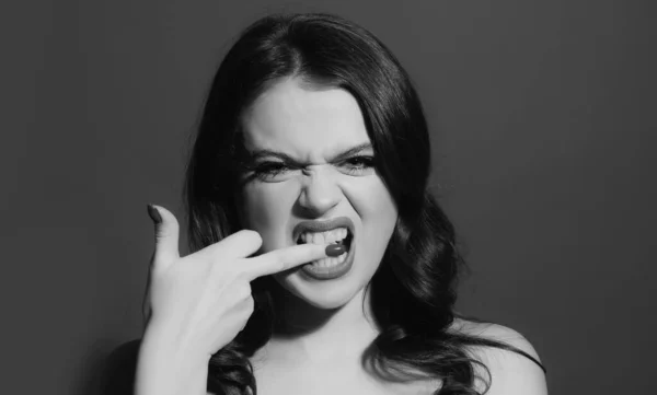 Young Woman Model Show Middle Finger Fuck You Sign Bad — Fotografia de Stock