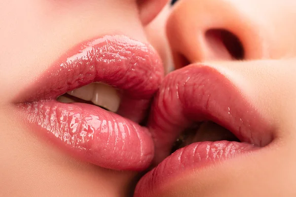 Lesbische Kus Valentijnsdag Liefde Verliefd Echtpaar Zoenen Vrouwelijke Sensuele Lippen Rechtenvrije Stockafbeeldingen