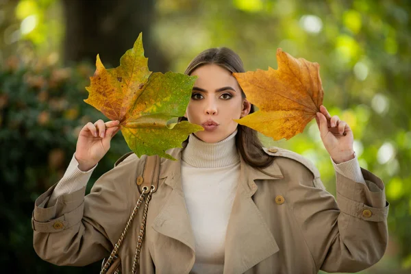 Happy Woman Holding Autumn Leafs Face Fall Nature Portrait Young — Stock Photo, Image