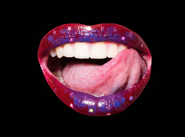 Red lips, mouth and tongue icon. Poster and banner of open mouth. Close-up woman licking lips. Female sexy mouth with tongue