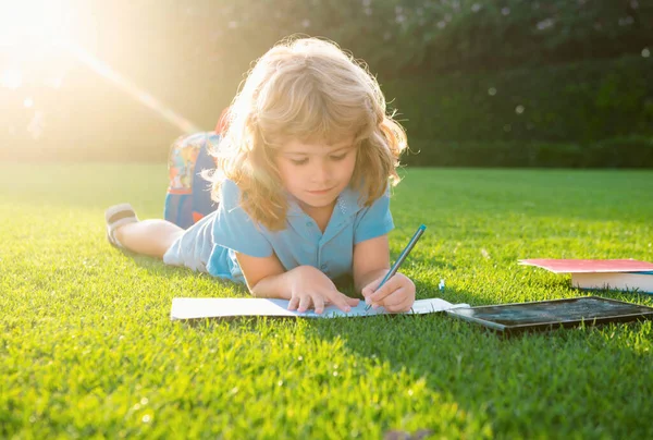Kid boy reading interest book and writing notes in copybook in the garden. Summertime fun. Cute boy lying on the grass reading a kids book
